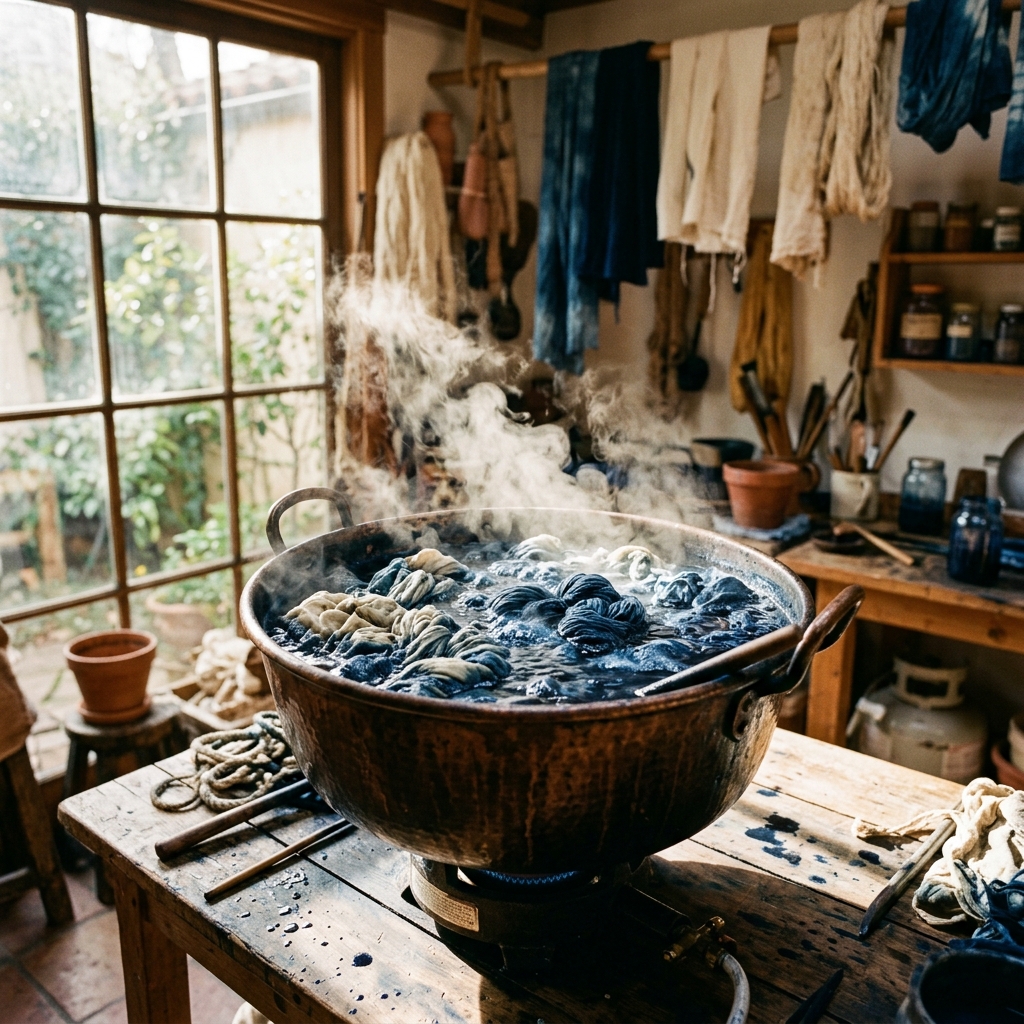 Organic indigo dye pots soaking linen